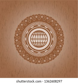 globe, website icon inside retro style wooden emblem