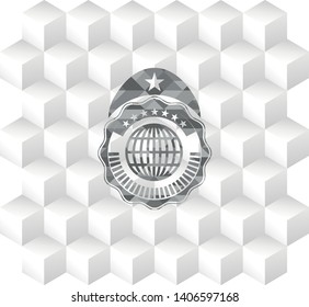 globe, website icon inside retro style grey emblem with geometric cube white background