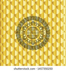 globe, website icon inside shiny golden emblem. Scales pattern. Vector Illustration. Detailed.