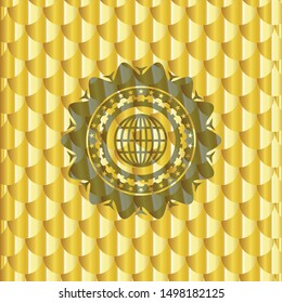 globe, website icon inside shiny golden emblem. Scales pattern. Vector Illustration. Detailed.