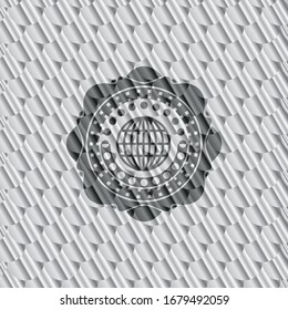 globe, website icon inside silver badge. Scales pattern. Vector Illustration. Detailed.