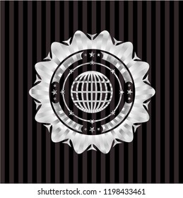 globe, website icon inside silvery badge or emblem