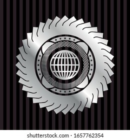 globe, website icon inside silvery shiny badge