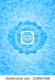 globe, website icon inside sky blue emblem. Mosaic background