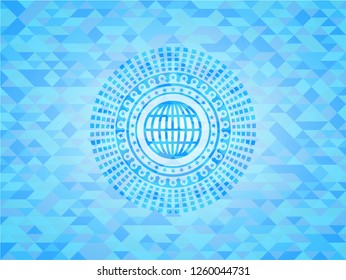 globe, website icon inside sky blue emblem with mosaic ecological style background
