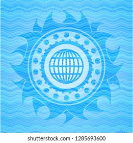 globe, website icon inside sky blue water badge.
