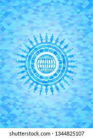 globe, website icon inside sky blue mosaic emblem