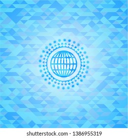 globe, website icon inside sky blue emblem. Mosaic background