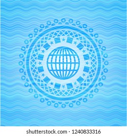 globe, website icon inside water wave representation style badge.