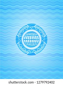globe, website icon inside water representation emblem.
