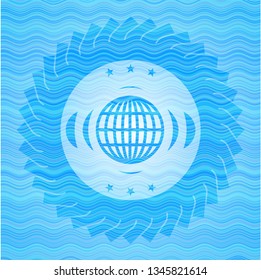 globe, website icon inside water wave representation style badge.
