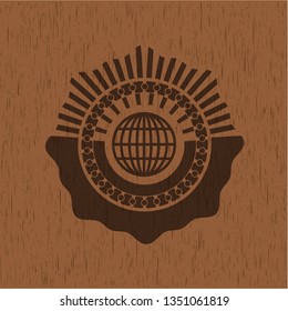 globe, website icon inside wood badge or emblem