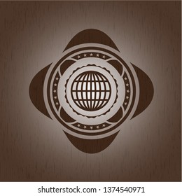 globe, website icon inside wood emblem. Vintage.