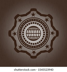 globe, website icon inside wood emblem. Retro