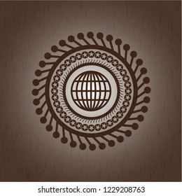 globe, website icon inside wooden emblem