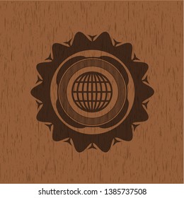 globe, website icon inside wooden emblem. Vintage.