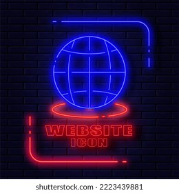 icono del sitio web del mundo Diseño moderno con líneas de neón brillantes azules y rojas. en el fondo de una pared de ladrillo oscuro.