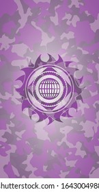 globe, website icon on pink and purple camouflage pattern
