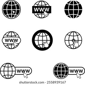 Globe or Website icon set: High-resolution designs for websites, apps, business cards, and CVs, featuring detailed globe symbols on a transparent background. Vector illustration.

