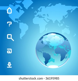 Globe and website icons. Blue background with map of the World. Vector illustration.
