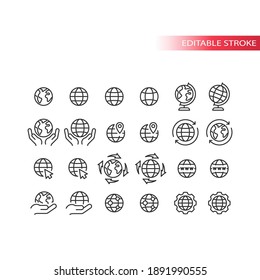 Globe for website line vector icon set. Planet Earth outline symbols, editable stroke.