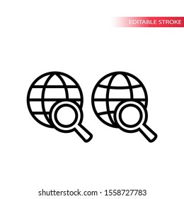 Globe website sign with magnifier thin line icon. Globe with magnifying glass, search concept, editable outline.