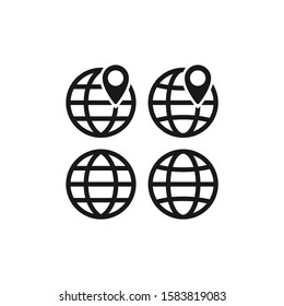 Globe, website symbol with location pin icon. Black vector glyph sign.