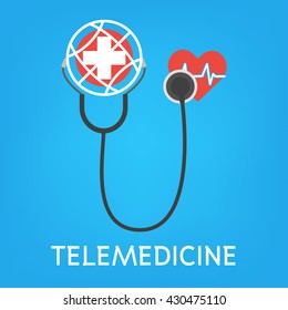 Globe with white cross and stethoscope for online diagnosis concept of telemedicine and telehealth technology. Vector illustration cloud internet of things technology trend.