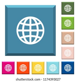 Globe white icons on edged square buttons in various trendy colors