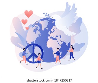 Globe, white pigeon and hippie sign as a peace symbol. World Peace Day. Tiny people live in love, calm and harmony. Modern flat cartoon style. Vector illustration on white background