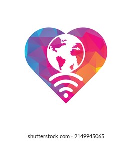 Globe wifi heart shape concept logo design icon. World signal vector logo template.