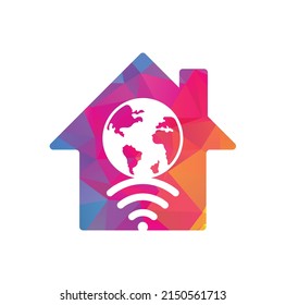 Globe wifi home shape concept logo design icon. World signal vector logo template.	