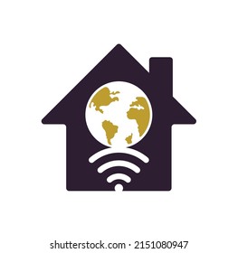 Icono de diseño de logotipo de concepto de la forma del hogar del wifi de globo. Plantilla de logotipo del vector de señal mundial.	