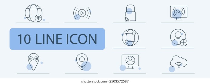 Globe with Wi-Fi, video streaming, padlock with Wi-Fi, monitor with signal, global network, user addition, location pin, user on monitor, cloud with Wi-Fi, connection