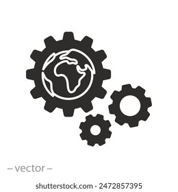 globe wiht gears icon, world mechanism, spin earth cogwheel, global engineering teamwork, flat symbol on white background - vector illustration