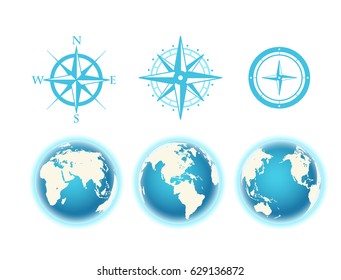 Globe and wind rose scheme vector color collection