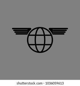 Globe with wings. Vector. Black icon on medium gray background. Isolated.