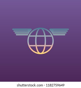 Globe with wings. Vector. Evening gradient icon at violet background.
