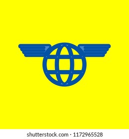 Globe with wings. Vector. Office style blue icon at yellow background.