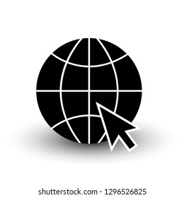 globe wireframe black icon with cursor isolated on white background vector eps10 illustration with shadow