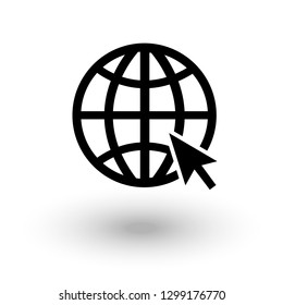 globe wireframe black and white web symbol icon with cursor isolated on white background vector eps10 illustration with shadow