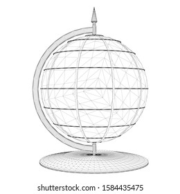 Globe wireframe made of black lines on a white background. Side view. Globe contour on a rack. 3D. Vector illustration