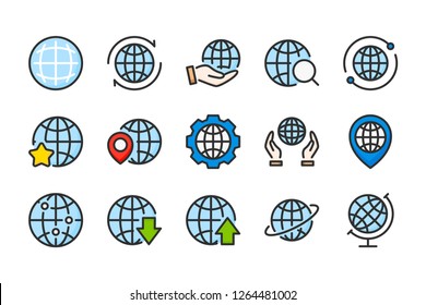 Globe and world color line icons. Planet and location vector linear colorful icon set. Isolated icon collection on white background.