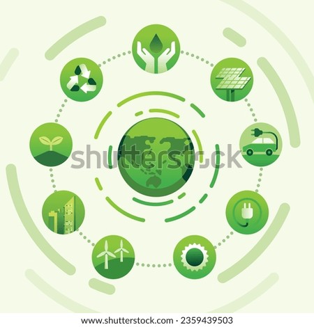 Globe world consumption with around icons Alternative Energy sources for renewable, sustainable development. Ecology conservation concept