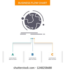 globe, world, discover, connection, network Business Flow Chart Design with 3 Steps. Glyph Icon For Presentation Background Template Place for text.
