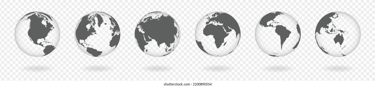 Globe of world, earth. Vector transparent 3d world map icons on background. Europe, Asia, Africa, America, Australia on globus. Set of global planets, simple flat spheres in black color illustration.