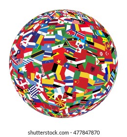 Globe with world flags isolated on white background