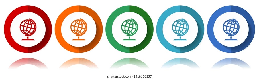 Globo, mundo, global, mapa, ícones do vetor da terra, ícone plano definido para o design do logotipo, webdesign e aplicações móveis, coleção de botões coloridos da web em eps 10