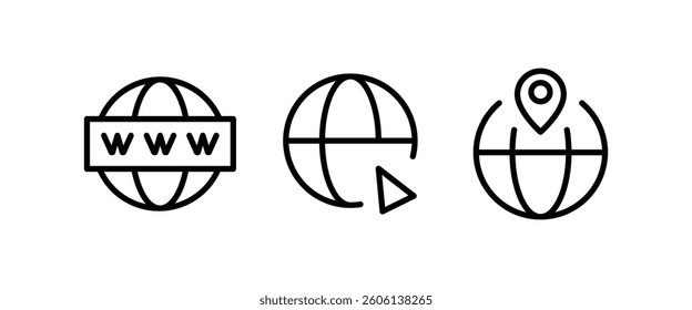 Globe, World, Go to web Website icons set Communication, WWW, World wide, support, social media, contact us, internet icon symbol sign vector collection Editable stroke isolated in white