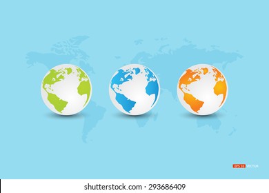 Globe, World (Green, blue, orange) On the world map on a blue background.Vector eps 10